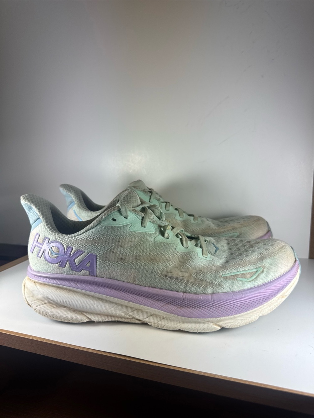 Hoka Clifton 9 Women’s Size 12B Mint Green and Lavender Road Running Sneakers